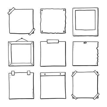 Hand drawn set of paper sticker, photo frame, picture border. Doodle sketch style. Frame of square and rectangle shape. Vector illustration.
