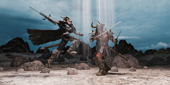 Fantasy warriors battling in barren landscape