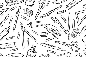 Set of school stationery, monochrome, vector