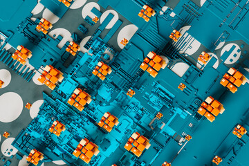 Blue and orange cubes on a blue - microchip shaped background