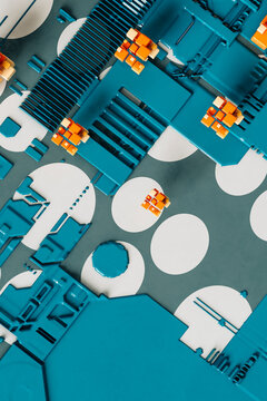 Blue and orange cubes on a blue - microchip shaped background