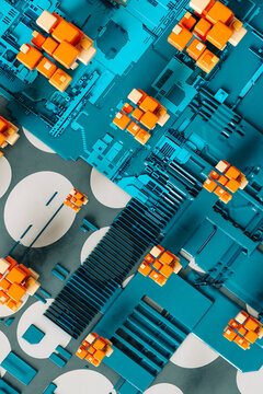 Blue and orange cubes on a blue - microchip shaped background