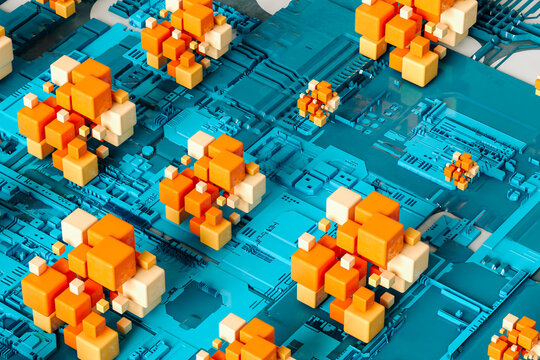 Blue and orange cubes on a blue - microchip shaped background