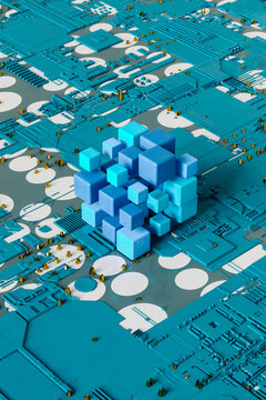 Blue and orange cubes on a blue - microchip shaped background