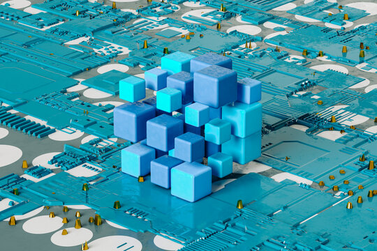 Blue and orange cubes on a blue - microchip shaped background