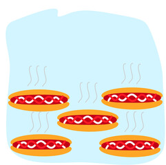  Hot hot dogs on a trendy liquid background. Illustration on the theme of National Hot Dog Day. Template for your banner, postcard, or poster. A copy of the space. Flat design style. 