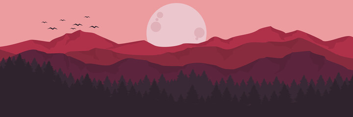 moonrise in mountain forest vector illustration for web banner, blog banner, wallpaper, background template, adventure design, tourism poster design, backdrop design	