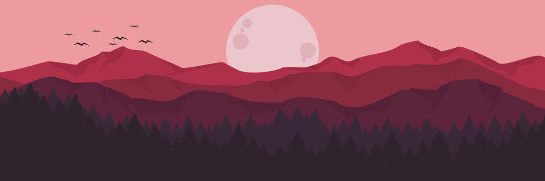 moonrise in mountain forest vector illustration for web banner, blog banner, wallpaper, background template, adventure design, tourism poster design, backdrop design	