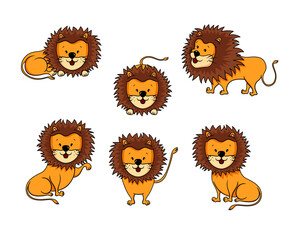 Happy smiling cute Lion children's drawing  different poses 