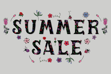 Banner summer sale with floral letters isolated on the soft grey background. Vector illustration