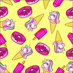 Unicorn ice cream with sweets and lots of color.