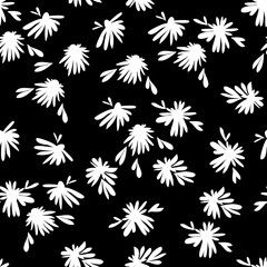 Monochrome floral seamless pattern. Trendy black and white vector texture. Good for fashion print, fabric, wallpaper or your design. Hand drawn daisy flowers with leaves on black backgroud