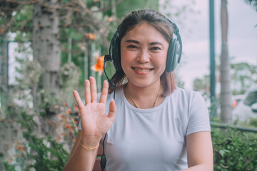 Woman work freelance call center support ,Woman working computer internet at cafe , lady happy smile