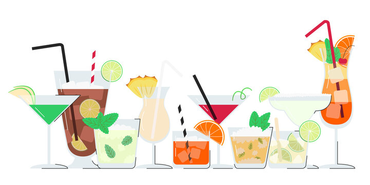 Summer alcohol cocktail set with copy space isolated on white. Horizontal banner with ten fresh popular drinks for bar menu. Holidays, vacation and beach party concept. Vector flat line illustration