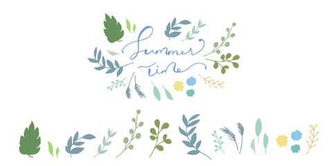 手描きタッチ様々な種類のハーブと草木で彩られたロゴとバラバラパーツ　vector botanical illustration elements. hand drawn drawing sketch.  Collection of greenery leaf plant forest herbs