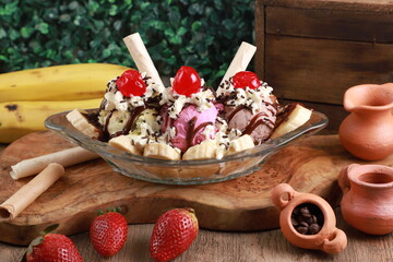 banana split ice cream with chocolate