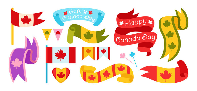 Happy Canada Day ribbon bright color flat set. Flag and strip tape, patriotism heart, multicolour label, pennant garland. Canadian patriotic design celebration kit. National symbol Isolated vector