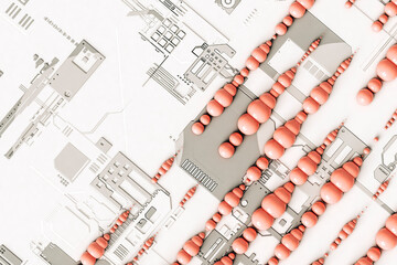 Pink abstract spheres on futuristic grey background