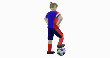 Fototapeta na wymiar 3D illustration of male soccer athlete in blue t-shirt back view, 3D render