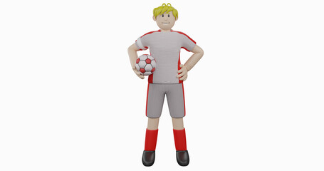 3D illustration of male soccer athlete in white and red t-shirt hold soccer ball, 3D render