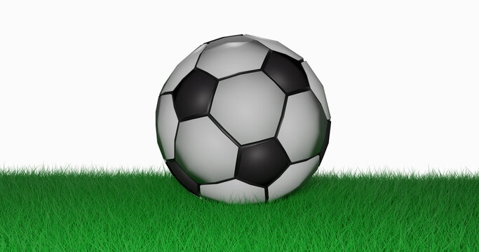3d illustration Soccer football concept. Soccer ball, white and black color on green grass, 3D render side view