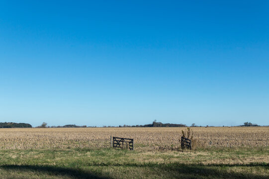 Photo of field with open wooden gate and blue sky in the background
