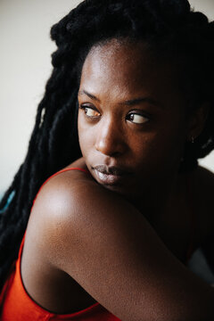 Portrait of beautiful black woman with dreadlocks hair