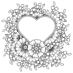 Mehndi flower with frame in shape of heart for henna, mehndi, tattoo, decoration. decorative ornament in ethnic oriental style. doodle ornament. coloring book page.