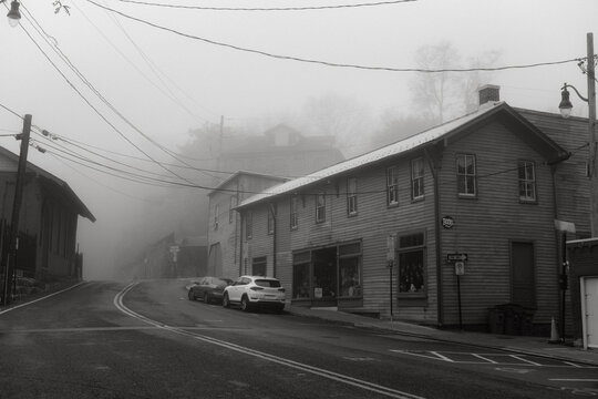 Foggy street in Ellicott City, MD