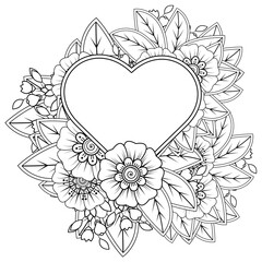 Mehndi flower with frame in shape of heart for henna, mehndi, tattoo, decoration. decorative ornament in ethnic oriental style. doodle ornament. coloring book page.