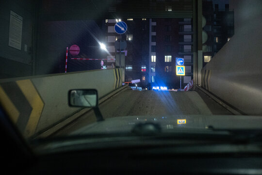 Point of view of a driver exiting an underground parking 