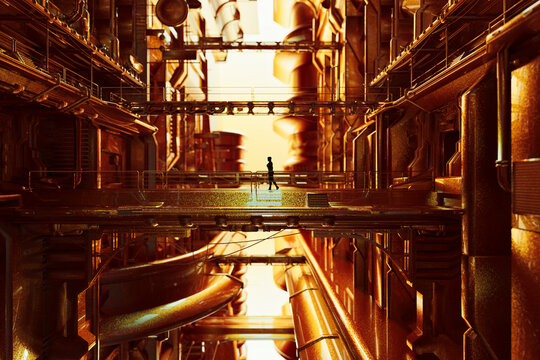 Woman walks across bridge in futuristic golden city