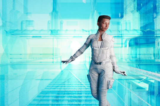 Futuristic woman in transparent city backdrop