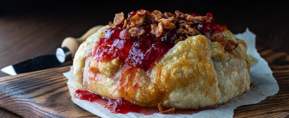 Narrow view of a puff pastry wrapped brie cheese topped with cranberry sauce and bacon.