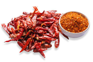 Fototapeta premium Cayenne pepper in white ceramic bowl , Dry red chili isolated on white background.