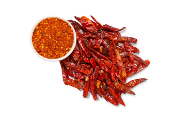 Cayenne pepper in white ceramic bowl , Dry red chili isolated on white background.