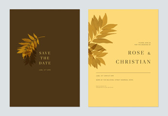 Minimalist foliage wedding invitation card template design, green leaves on brown and yellow