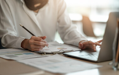 strategy analysis concept, Businessman working financial Manager Researching Process accounting...