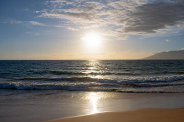 Fototapeta premium Idyllic sunset scene beach in Thailand. Tropical blue sea and a sand beach background.