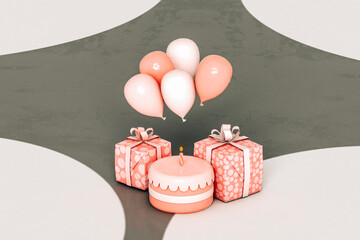 pink Birthday cake and presents on grey background