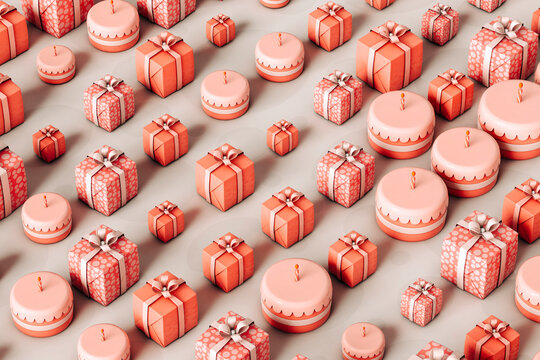 pink Birthday cake and presents on grey background