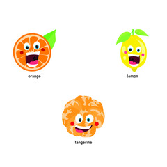 Vector set of citrus fruits. Cartoon drawing orange, lemon, tangerine.