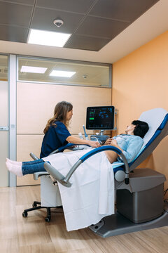 Female doctor performing a  ultrasound to a patient
