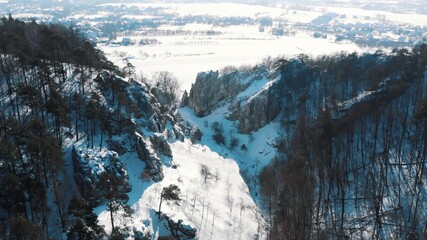 Panoramic view of Wawoz Bolechowicki, a landscape nature reserve covering the lower part of the Bolechowice Valley in the city of Krakow, Poland. Snow Covered landscape during the winter season. 