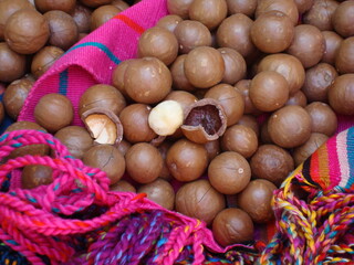 Nueces de macadamia sobre lienzo colorido 09