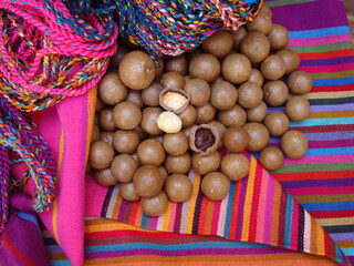 Nueces de macadamia sobre lienzo colorido 03