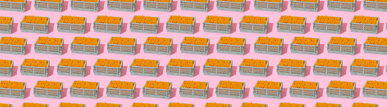 crates of gluten-free penne rigate in panoramic format