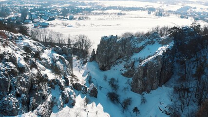 Aerial view of Wawoz Bolechowicki or Bolechowice Valley. Landscape nature reserve in the valley of Krakow, Poland. An attraction for rock climbers. Snow Covered landscape during the winter season. 