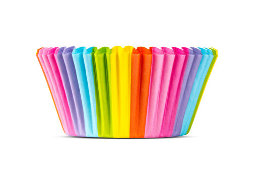 Rainbow Cupcake Cup Liners, Non Stick Parchment Paper Baking Cups for Baking Muffin and Cupcakes Decoration Cups. High resolution photo. Close-up Full depth of field. White isolated background.