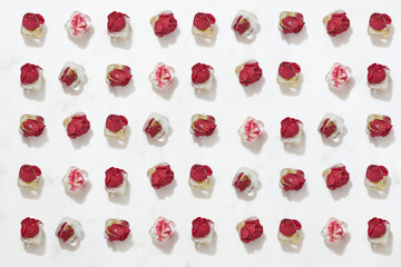 Pattern of ice cubes with red roses